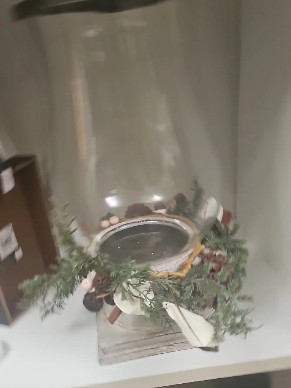 Huge Rustic Glass Hurricane Lantern with Pine & Pinecone Wreath 14